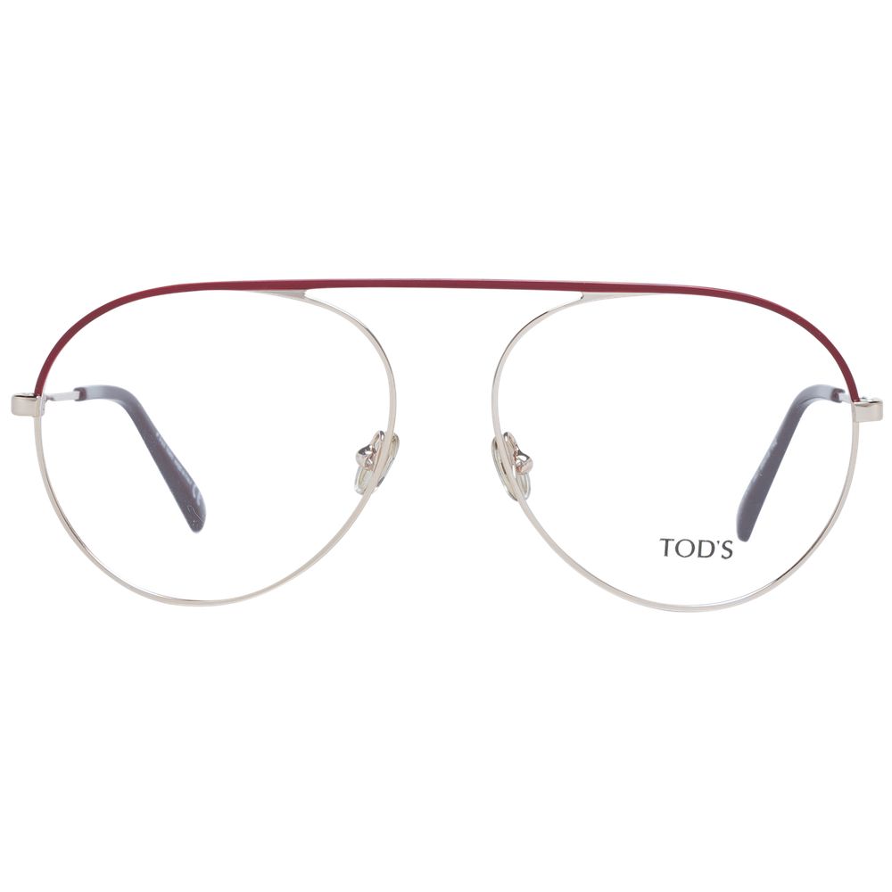 Red metal Tod's glasses frames with sleek design, featuring clear lenses and stylish, modern eyewear for men or women.