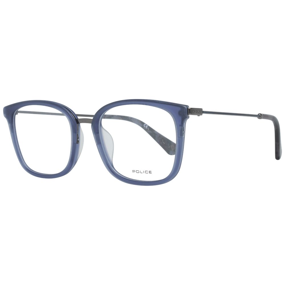 Police blue metal and plastic glasses frames, stylish eyewear with a sleek design and adjustable nose pads.