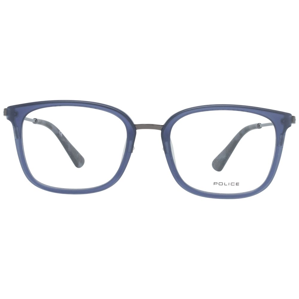 Police blue metal and plastic eyeglasses frames with sleek design and clear lenses, showcasing modern eyewear style.