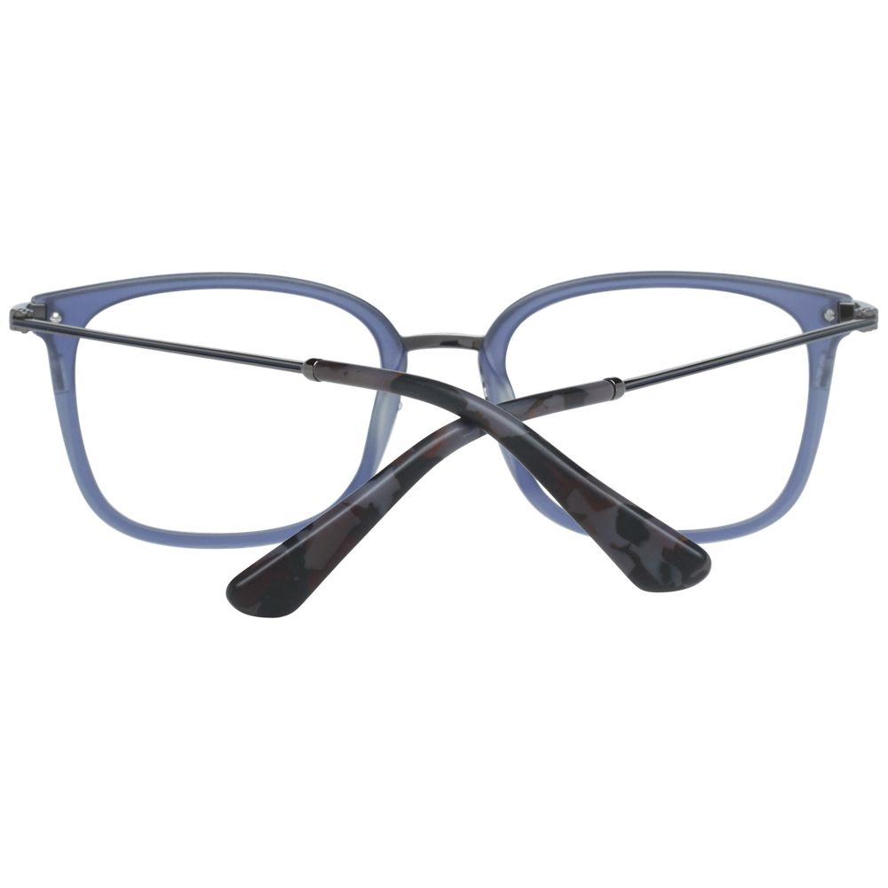 Police blue metal and plastic glasses frames with sleek design, showcasing the stylish eyewear in a close-up view.