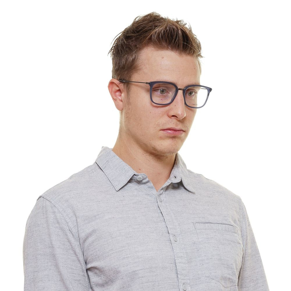 Police blue metal and plastic glasses frames, stylish eyewear with a sleek design and adjustable nose pads.