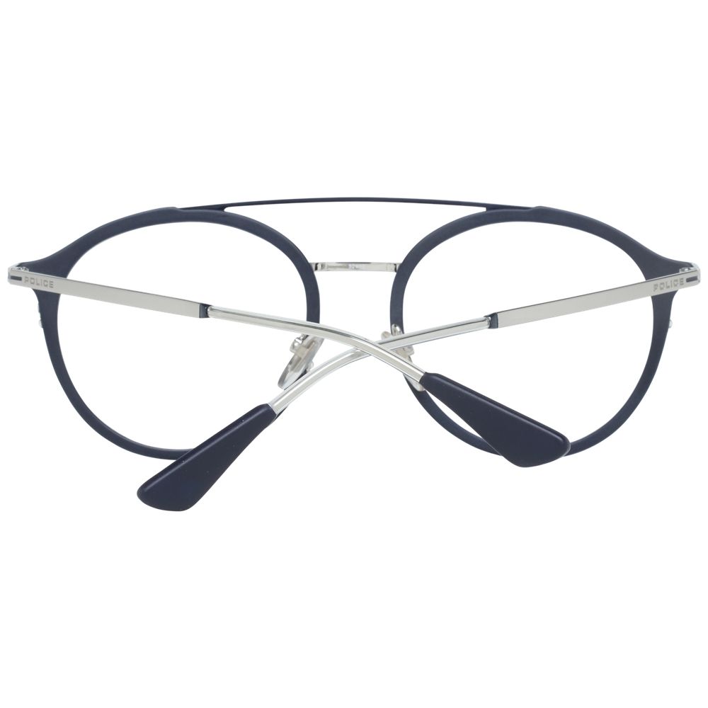 Police gray metal and plastic glasses frames with clear lenses, featuring sleek design and adjustable nose pads.