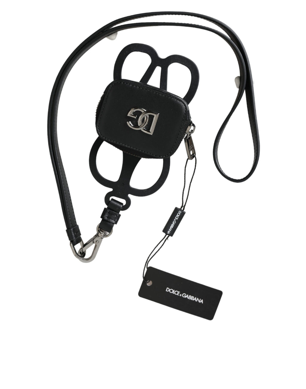 Dolce & Gabbana Black Calfskin Leather DG Logo Coin Purse Lanyard Wallet - Eljoys Fashion 