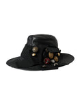 Dolce & Gabbana Black Leather DG Coin Crystal Wide Brim Hat - Eljoys Fashion 
