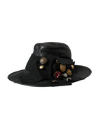 Dolce & Gabbana Black Leather DG Coin Crystal Wide Brim Hat - Eljoys Fashion 