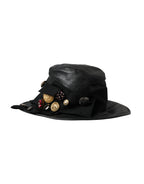 Dolce & Gabbana Black Leather DG Coin Crystal Wide Brim Hat - Eljoys Fashion 