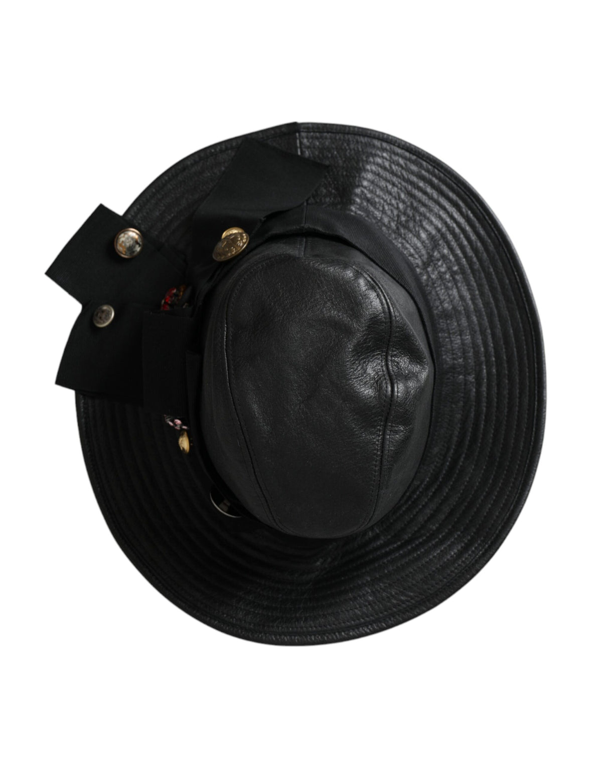 Dolce & Gabbana Black Leather DG Coin Crystal Wide Brim Hat - Eljoys Fashion 
