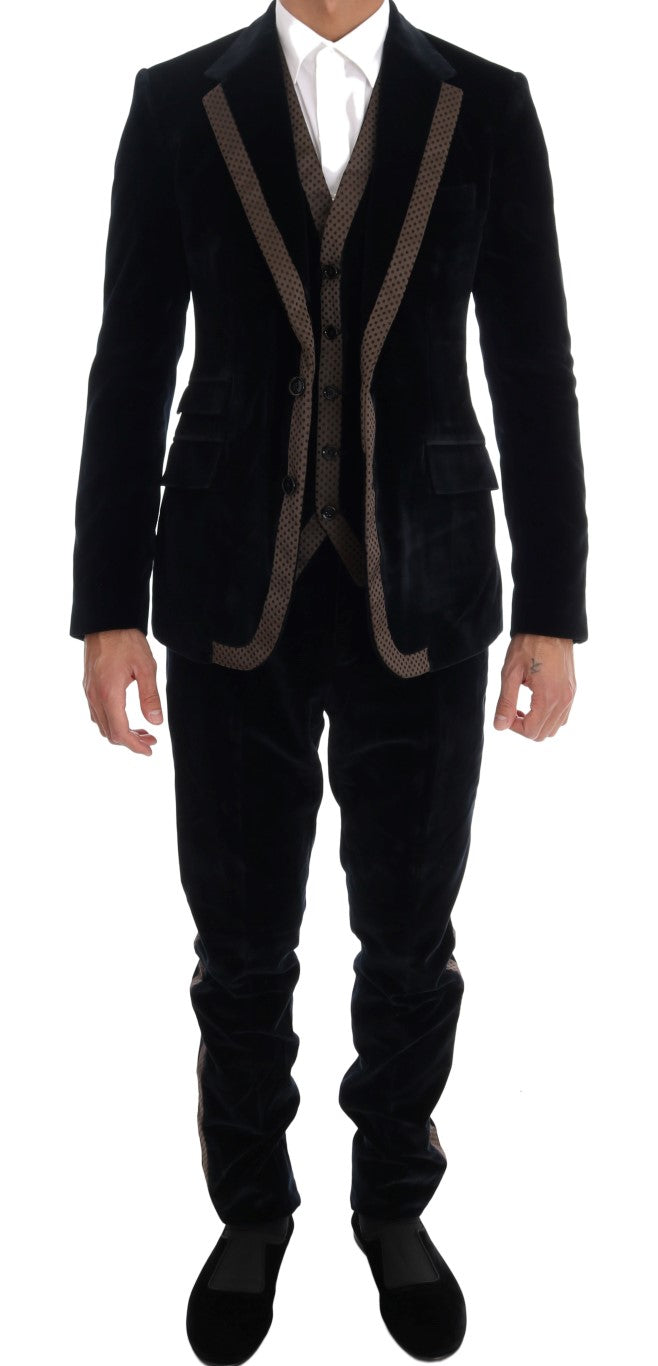 Dolce & Gabbana Blue Velvet Two Button Slim 3 Piece Suit Dolce & Gabbana