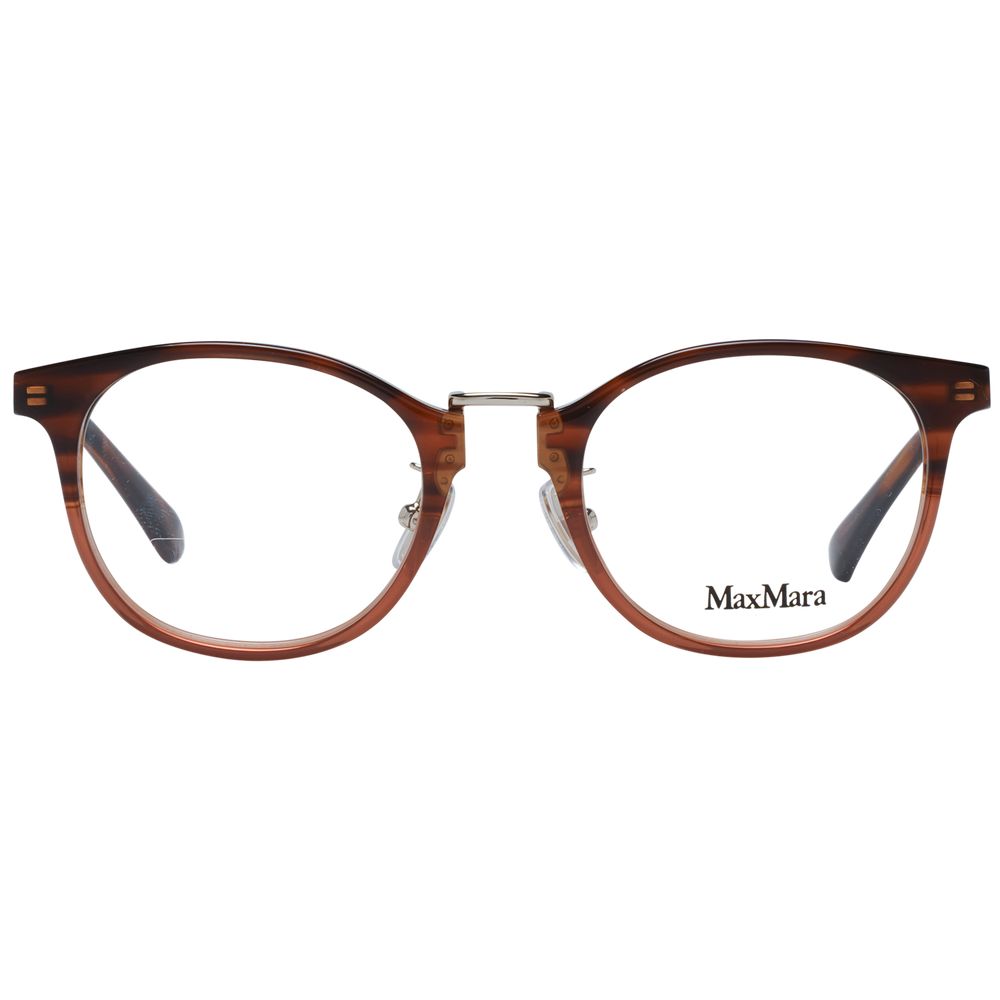 Max Mara brown plastic eyeglass frames with sleek design, shown in close-up against a neutral background.