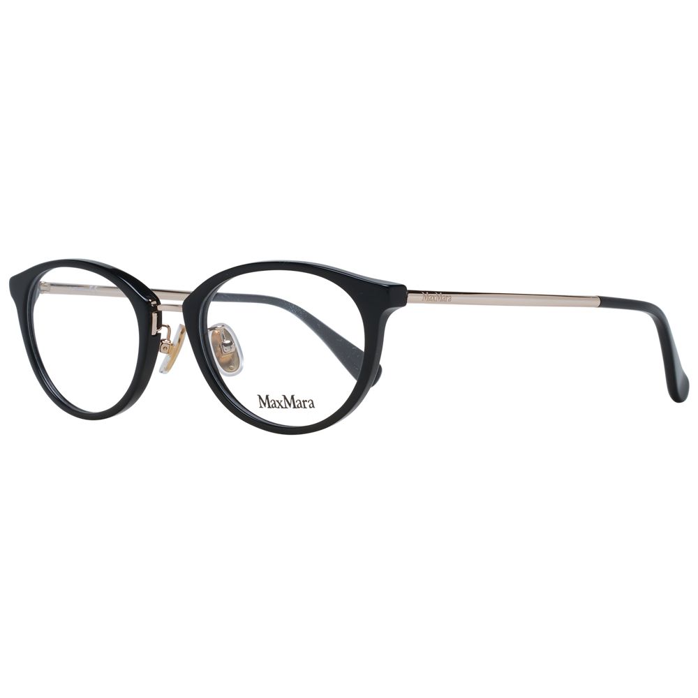 Max Mara black plastic eyeglass frames, sleek and stylish, shown in the image with clear lenses and modern design.