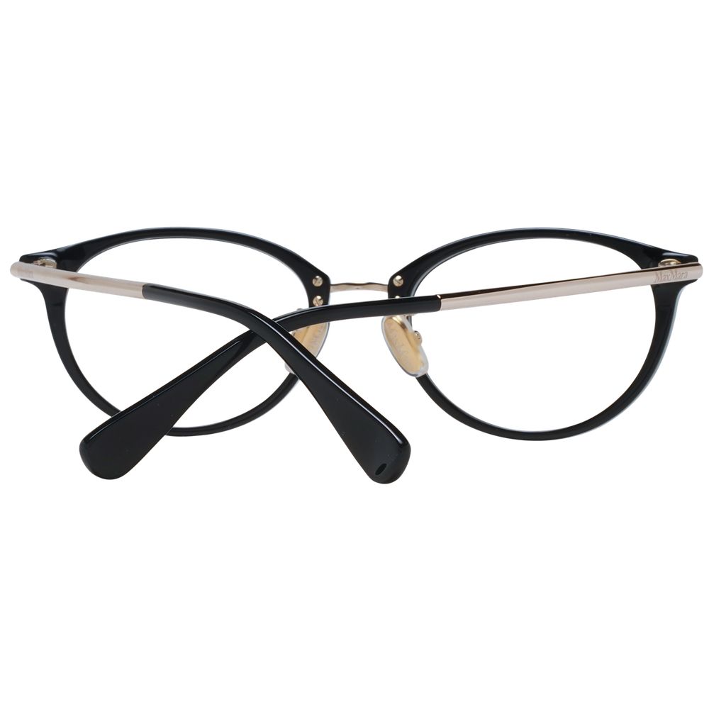 Max Mara black plastic eyeglass frames with a sleek, modern design, showcased on a white background.