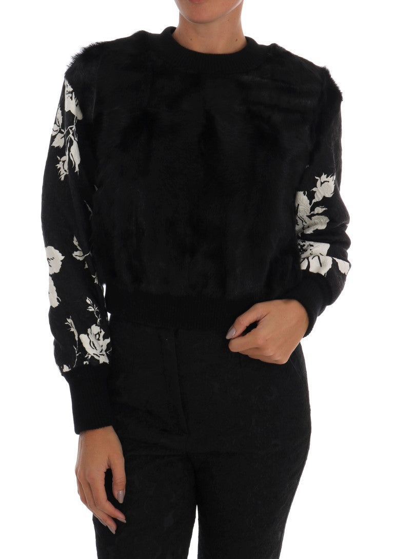 Dolce & Gabbana black fur floral brocade zipper sweater showing intricate floral brocade pattern and plush fur accents.