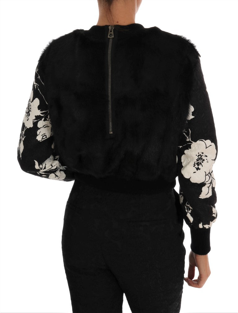 Dolce & Gabbana black fur floral brocade zipper sweater showing intricate floral patterns and plush fur details.