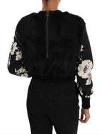Dolce & Gabbana black fur floral brocade zipper sweater showing intricate floral patterns and plush fur details.
