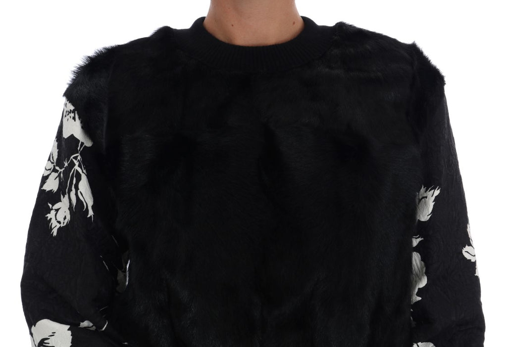 Dolce & Gabbana black fur floral brocade zipper sweater showcasing luxurious fabric and detailed floral patterns.