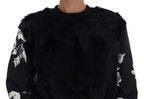 Dolce & Gabbana black fur floral brocade zipper sweater showcasing luxurious fabric and detailed floral patterns.
