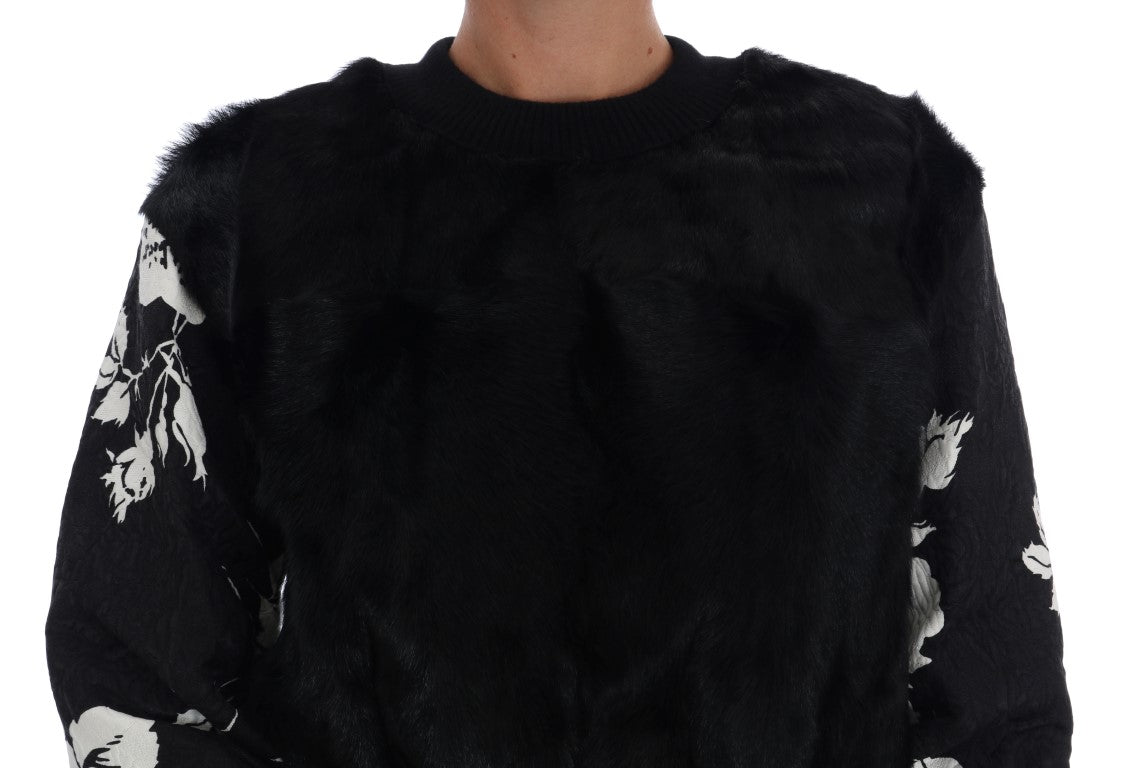 Dolce & Gabbana black fur floral brocade zipper sweater showcasing luxurious fabric and detailed floral patterns.