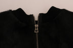 Dolce & Gabbana black fur floral brocade zipper sweater with intricate floral embroidery and plush fur accents.
