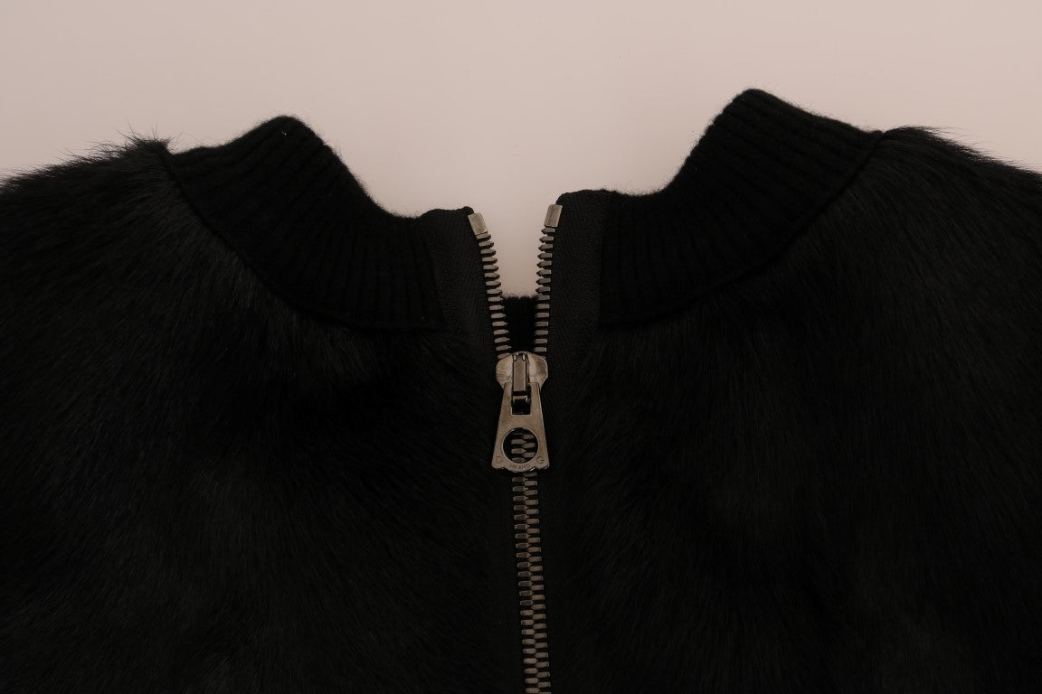 Dolce & Gabbana black fur floral brocade zipper sweater with intricate floral embroidery and plush fur accents.