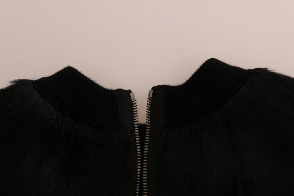 Dolce & Gabbana black fur floral brocade zipper sweater with intricate floral patterns and a front zipper detail.