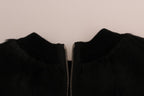 Dolce & Gabbana black fur floral brocade zipper sweater with intricate floral patterns and a front zipper detail.