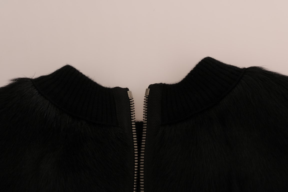 Dolce & Gabbana black fur floral brocade zipper sweater with intricate floral patterns and a front zipper detail.