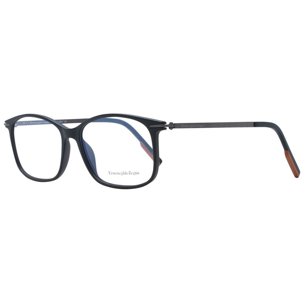 Ermenegildo Zegna black titanium glasses frames with sleek, modern design and clear lenses showing in the image.