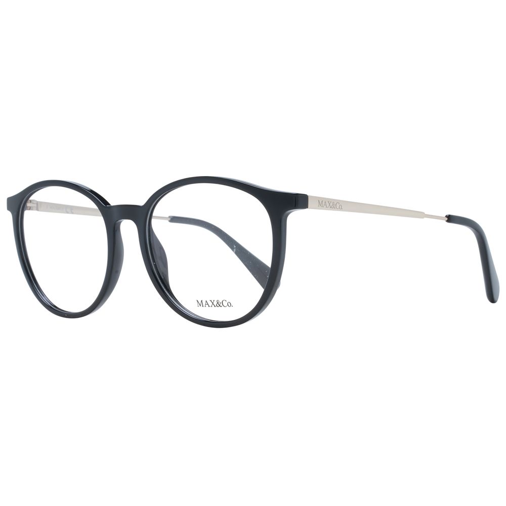 Max & Co black plastic eyeglasses frames with rectangular lenses and sleek design, suitable for everyday wear.