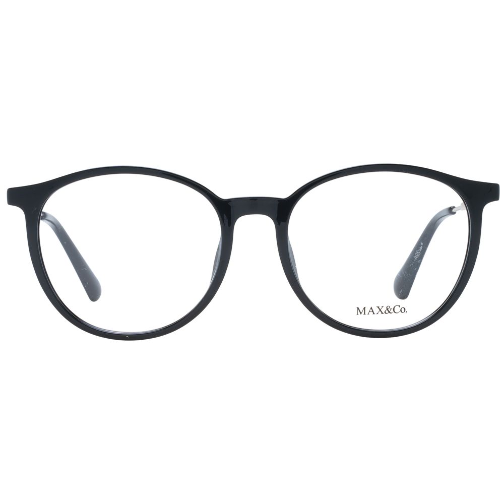 Max & Co black plastic eyeglass frames with rounded rectangular lenses and sleek modern design.