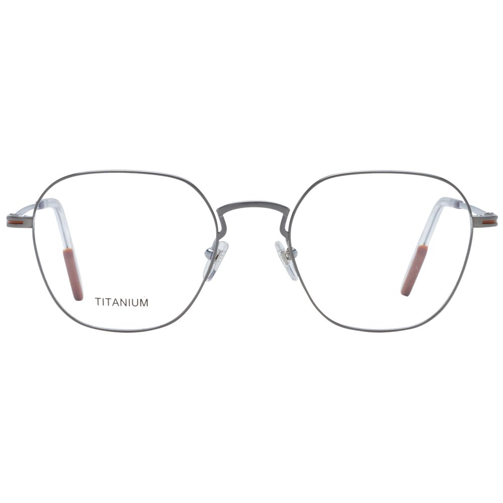 Ermenegildo Zegna gray titanium glasses frames with sleek design and modern style, shown in a close-up image.