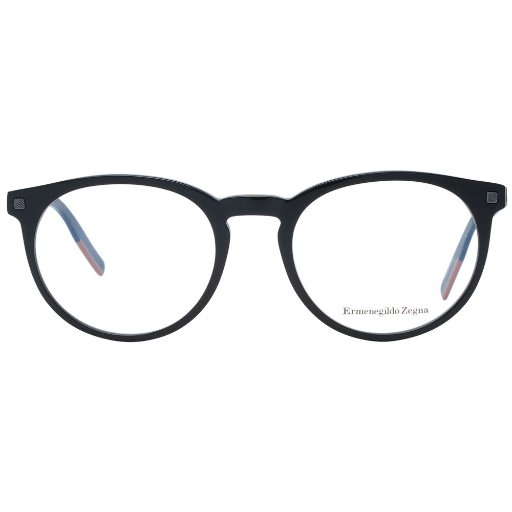 Ermenegildo Zegna black plastic eyeglass frames, stylish and lightweight with a modern design, shown on a white background.