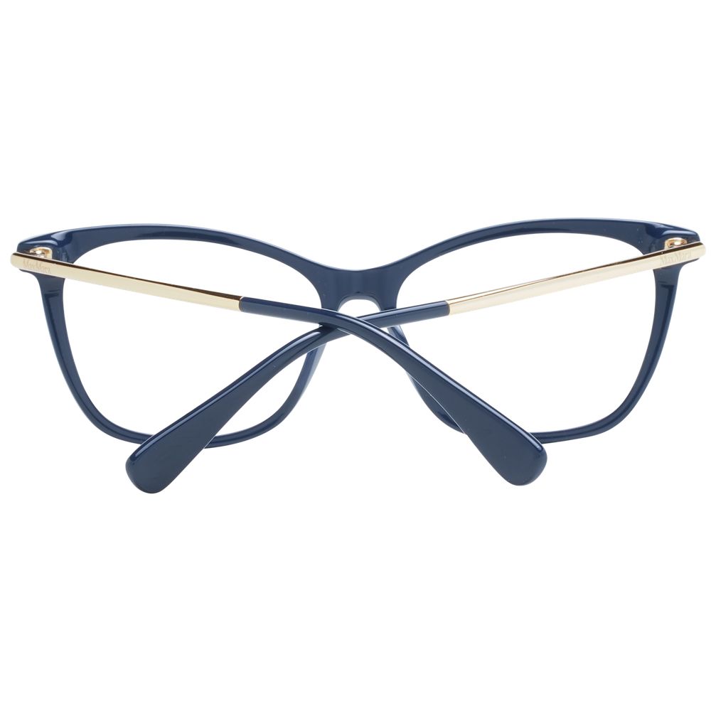 Max Mara blue plastic eyeglass frames with a modern design displayed in the image.