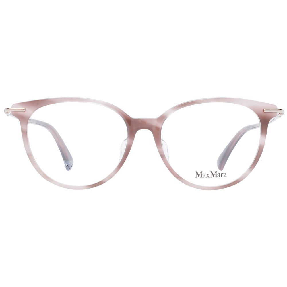 Max Mara pink plastic glasses frames shown on a model, featuring a modern design and sleek shape.