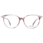 Max Mara pink plastic glasses frames shown on a model, featuring a modern design and sleek shape.