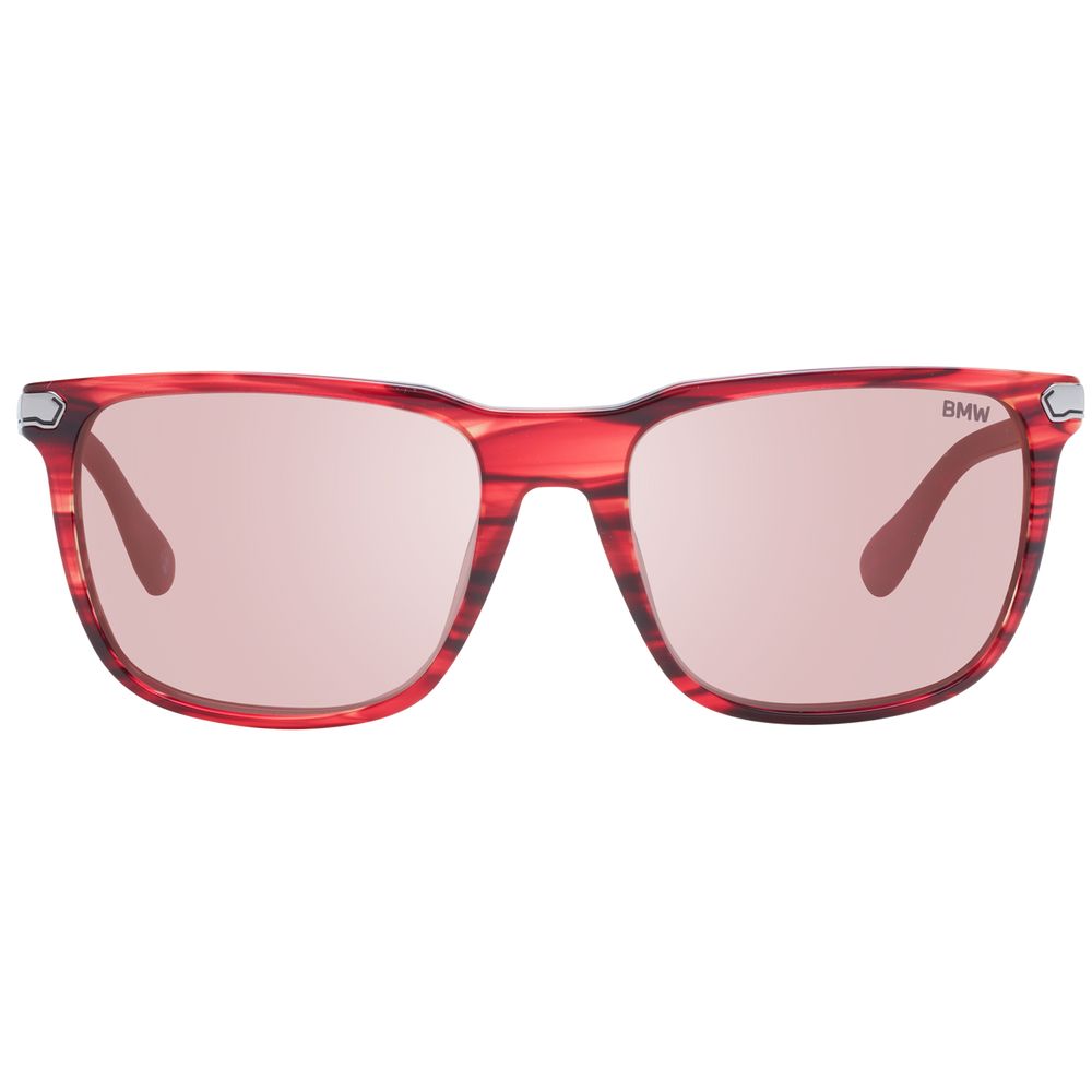 Red plastic sunglasses with BMW branding, stylish eyewear with a sleek design and tinted lenses.