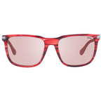 Red plastic sunglasses with BMW branding, stylish eyewear with a sleek design and tinted lenses.