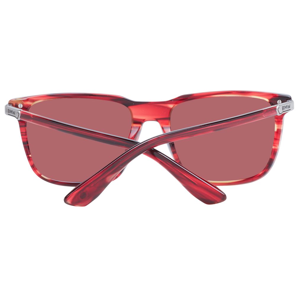 Red plastic BMW sunglasses with sleek frame and tinted lenses, stylish accessory for sun protection.