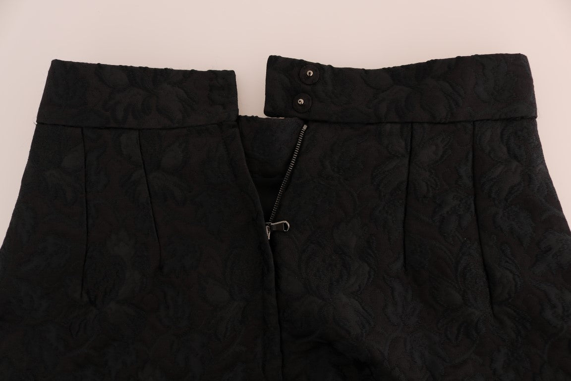 Black floral jacquard silk A-line skirt by Dolce & Gabbana, featuring intricate pattern and elegant design.