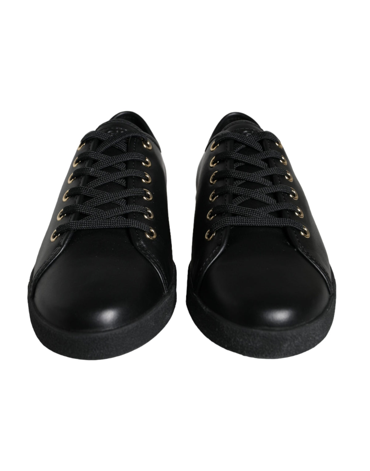 Dolce & Gabbana black leather sneakers with gold accents, classic design, casual footwear for men.