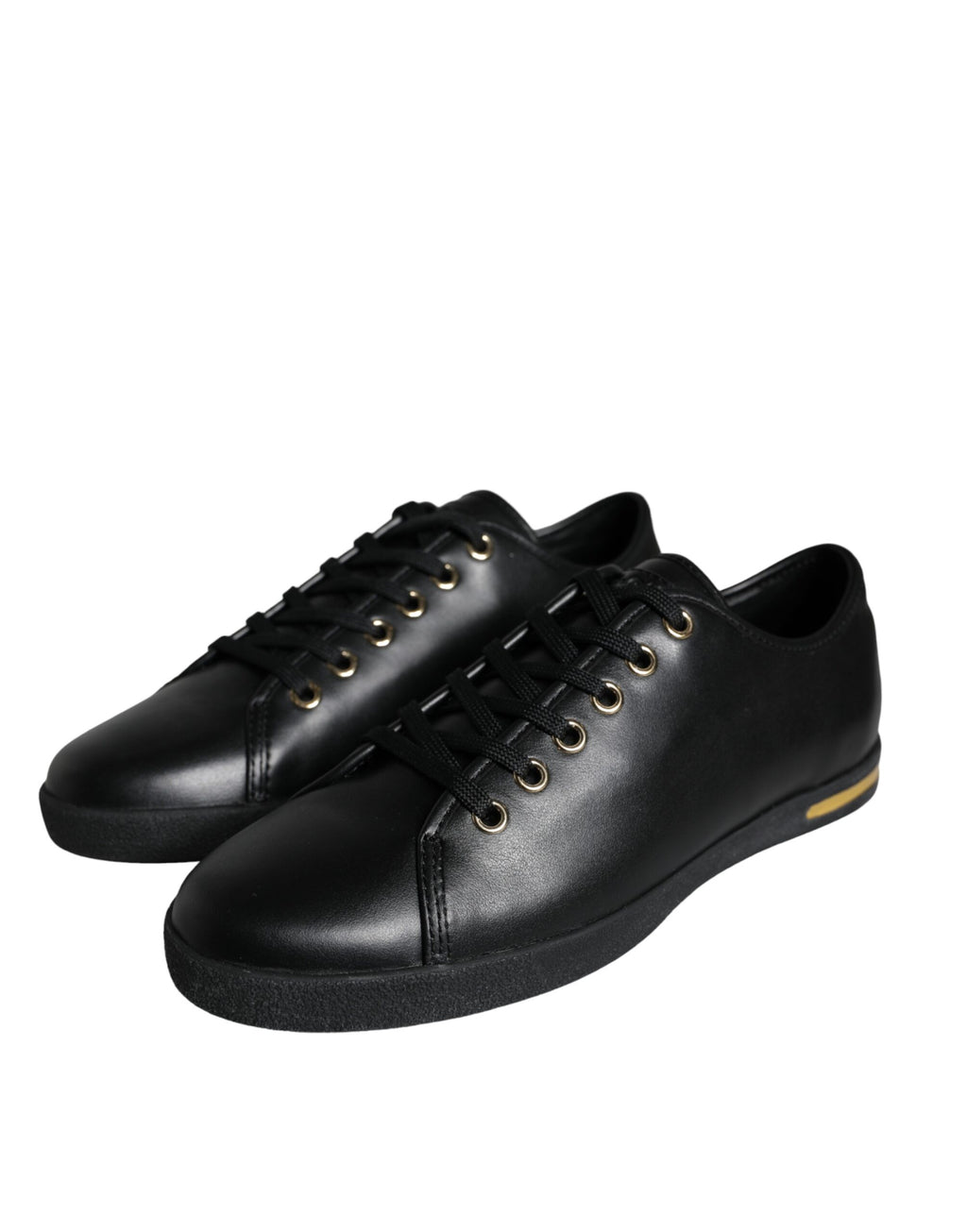 Dolce & Gabbana black leather classic sneakers with gold accents, stylish men's footwear, front view showing design details.