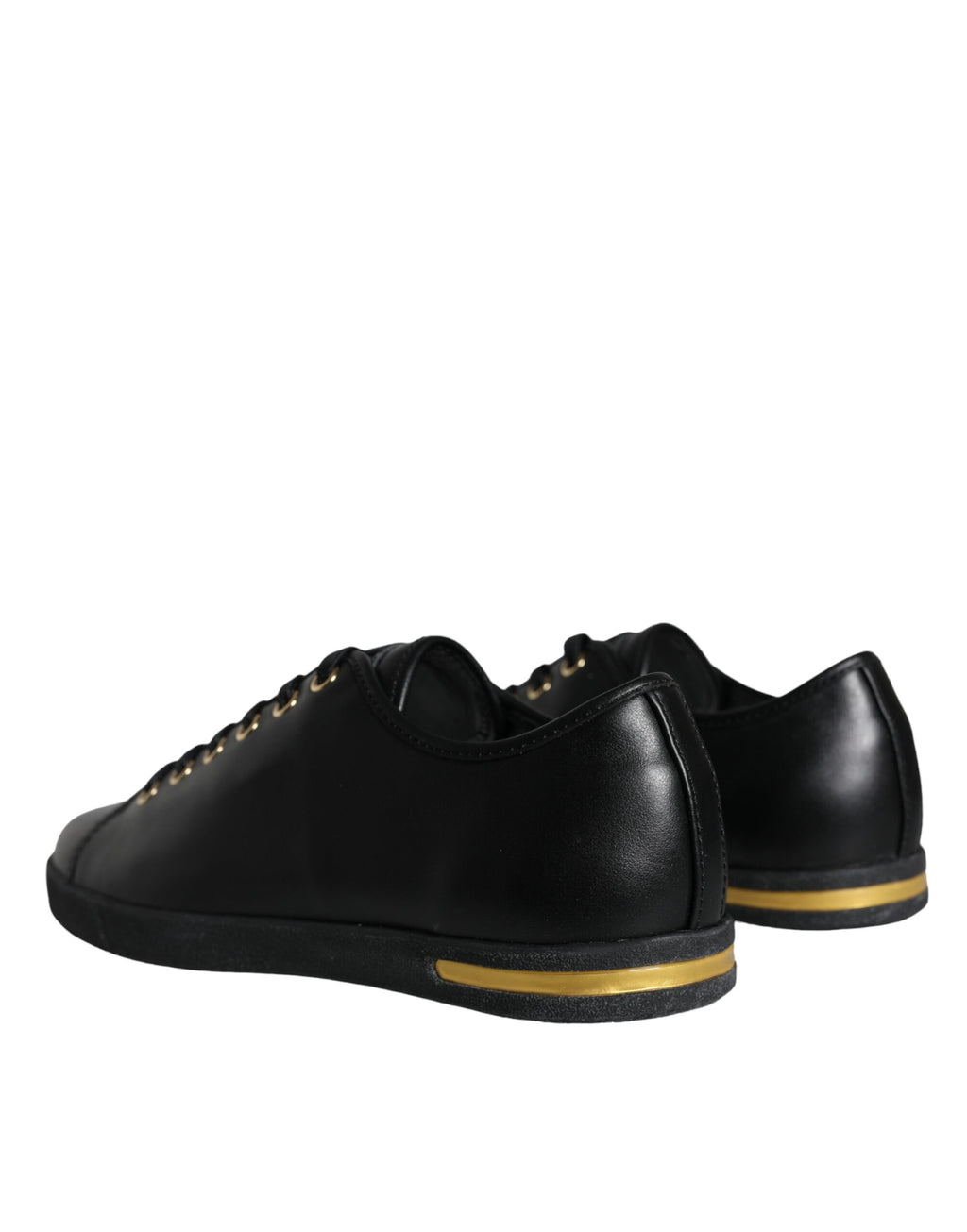 Dolce & Gabbana black and gold leather classic sneakers with stylish design and white rubber soles.
