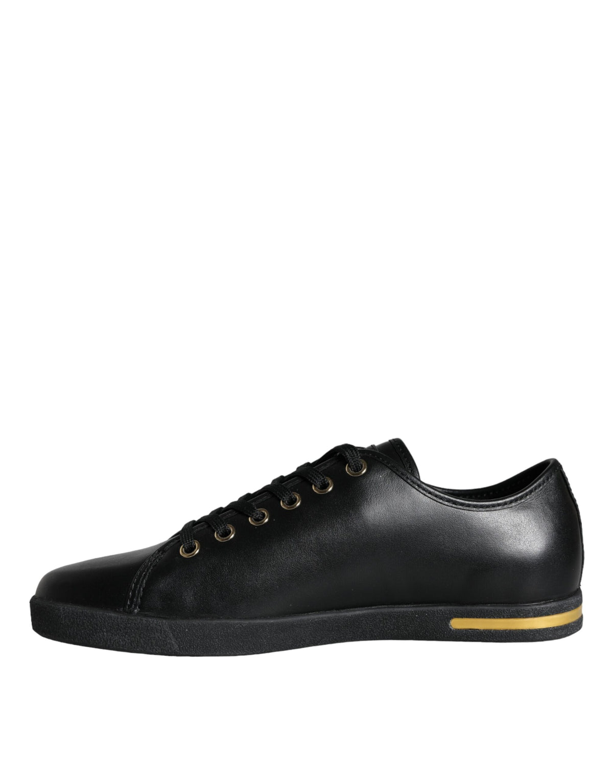 Dolce & Gabbana black leather and gold accents classic sneakers shoes, showing stylish design and textured sole.