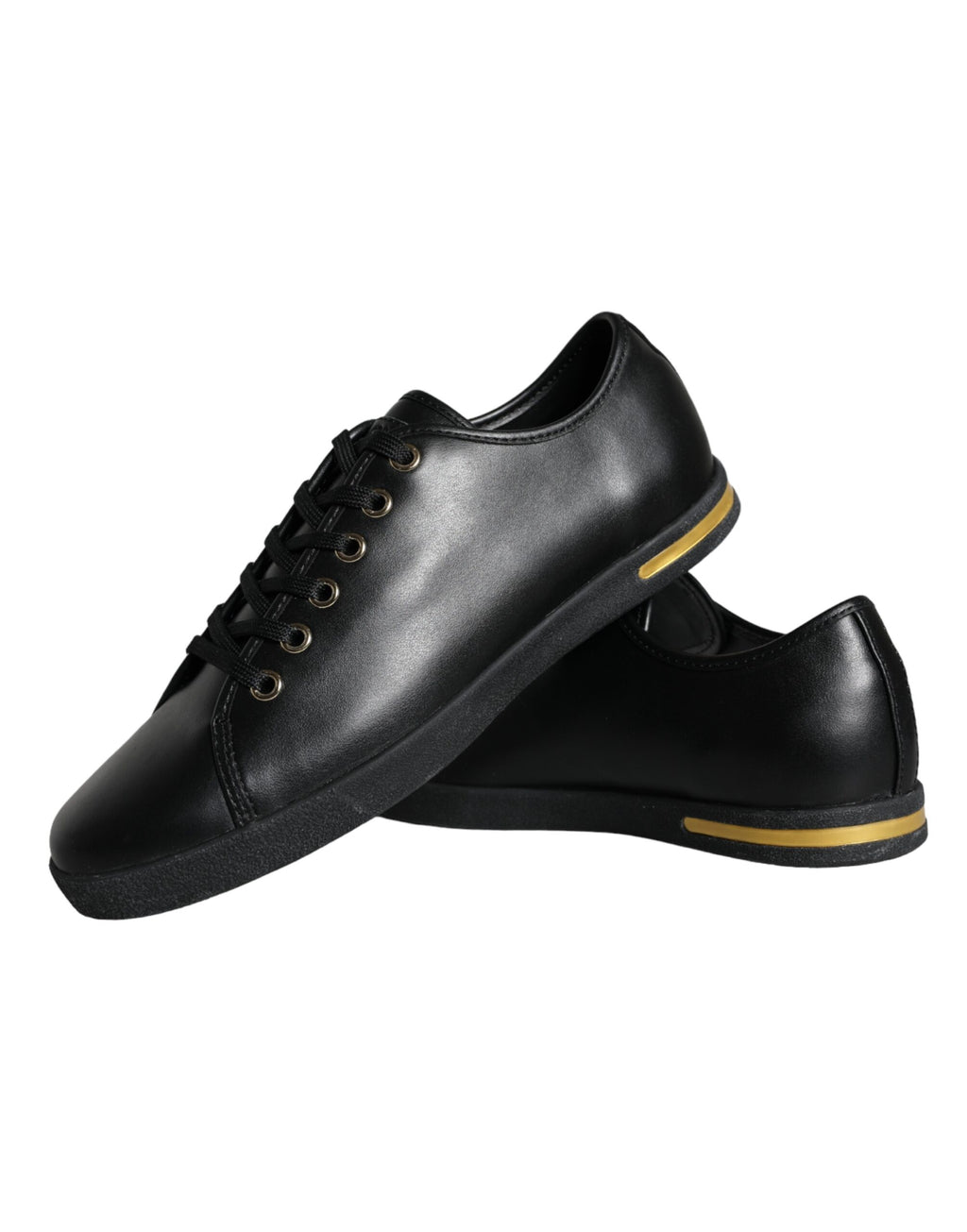 Dolce & Gabbana black leather classic sneakers with gold accents, stylish casual shoes for men.