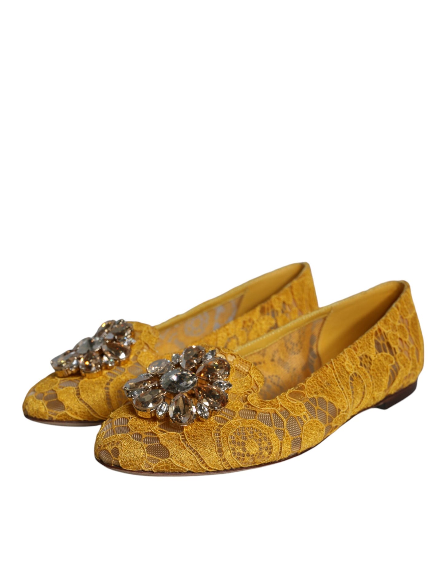 Dolce & Gabbana Mustard Lace Crystal Ballet Flats Loafer Shoes Dolce & Gabbana