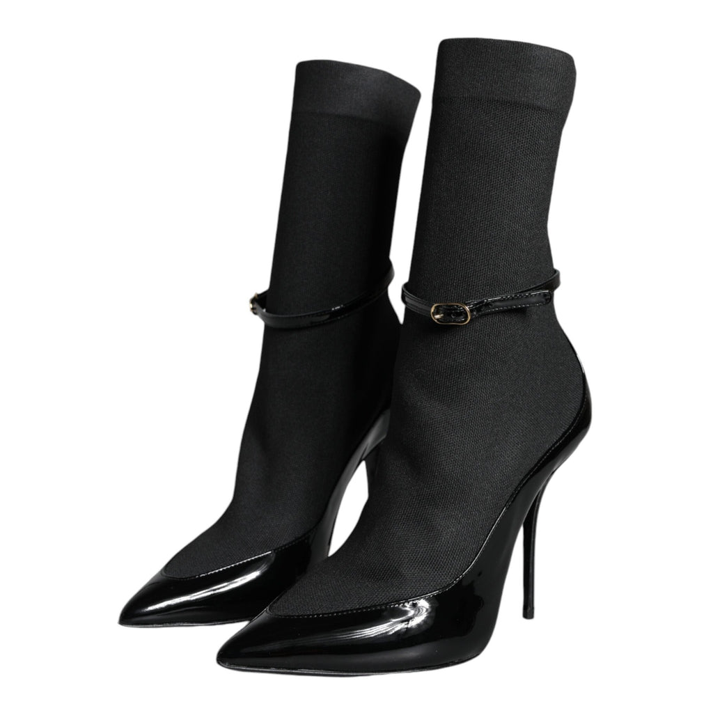 Dolce & Gabbana Black Leather Stilettos Booties Socks Shoes