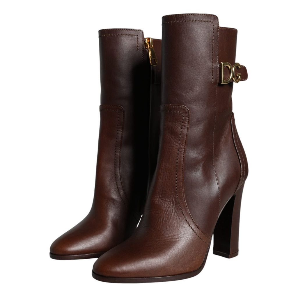 Dolce & Gabbana Brown Leather Heels Mid Calf Boots Shoes
