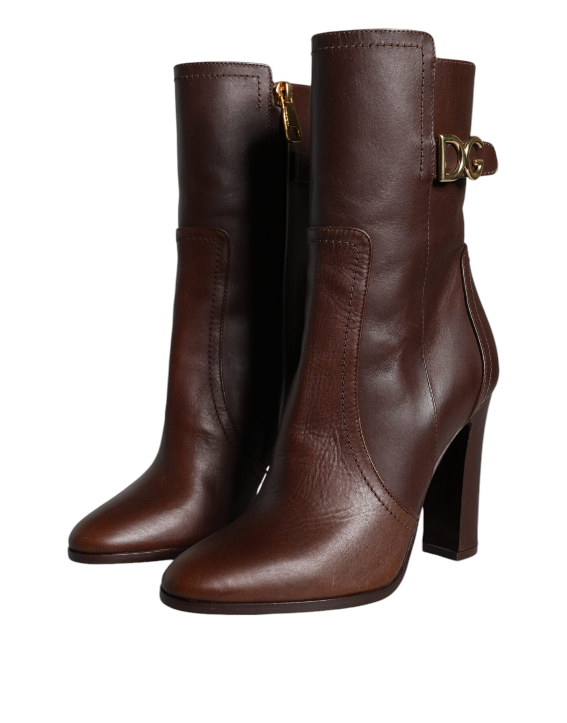 Dolce & Gabbana Brown Leather Heels Mid Calf Boots Shoes Dolce & Gabbana