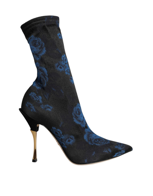 Dolce & Gabbana Black Floral Stretch Mid Calf Boots Shoes Dolce & Gabbana