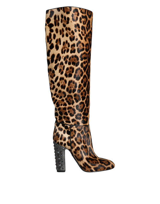 Dolce & Gabbana Beige Black Leopard Knee High Boots Shoes Dolce & Gabbana