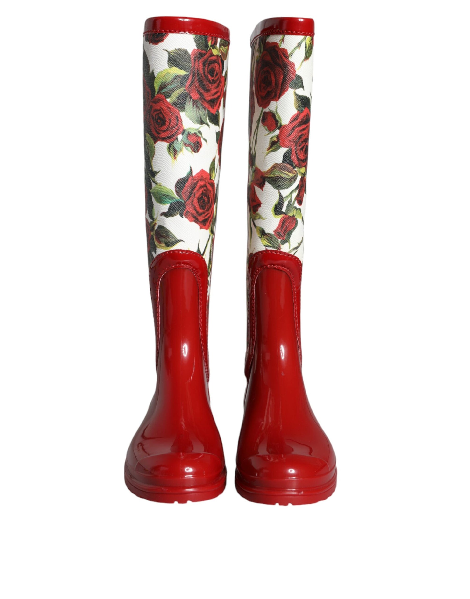 Dolce & Gabbana Red Floral Rubber Knee High Flat Boots Shoes Dolce & Gabbana